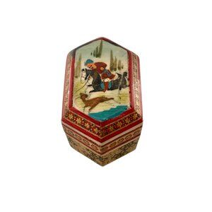 Trinket Box Wood Hexagon Shape with Hand Painted Lid Persian Folk Art Scene Gift